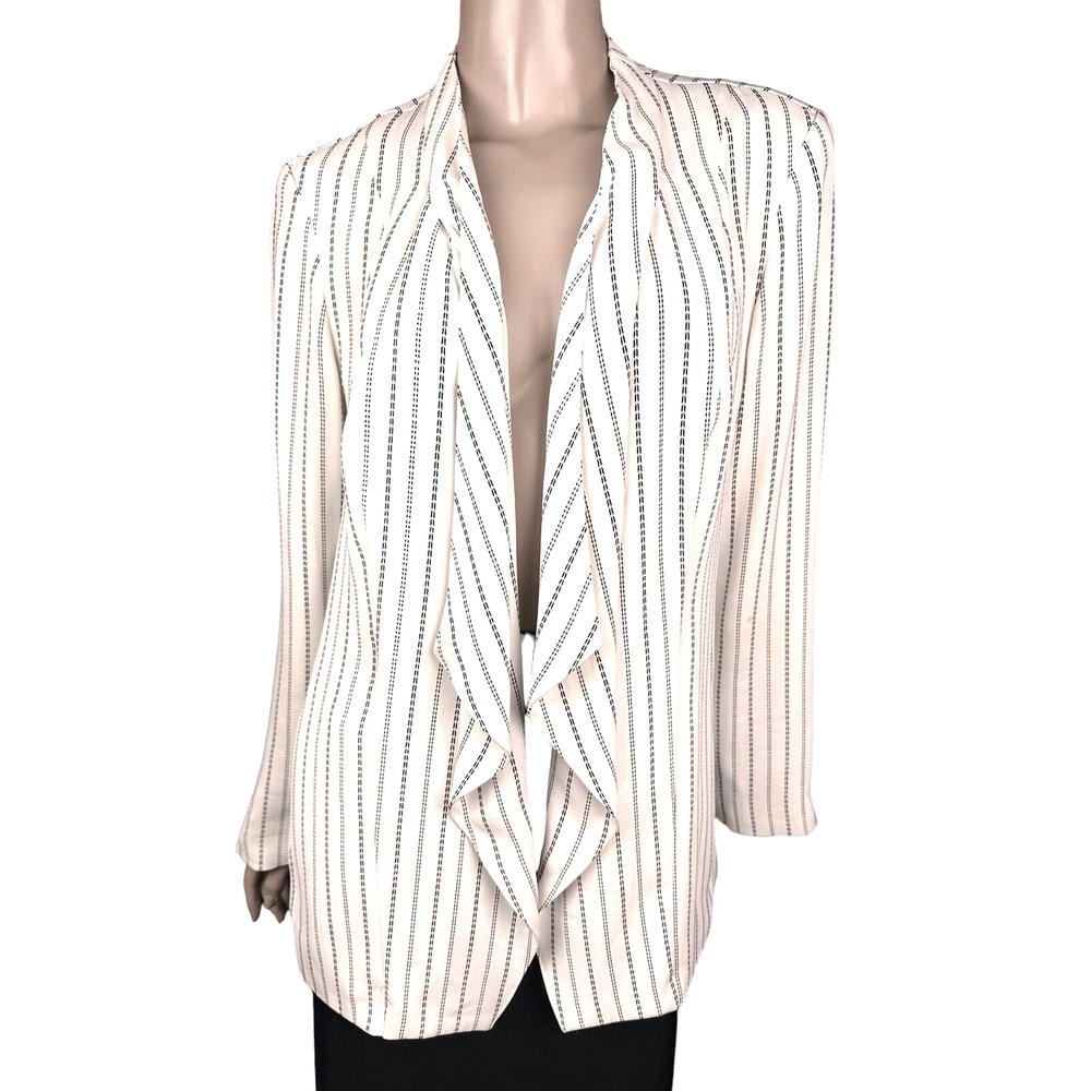 Chico's Size 1/ Medium Open Front White Black Striped Draped Jacket Long Sleeve